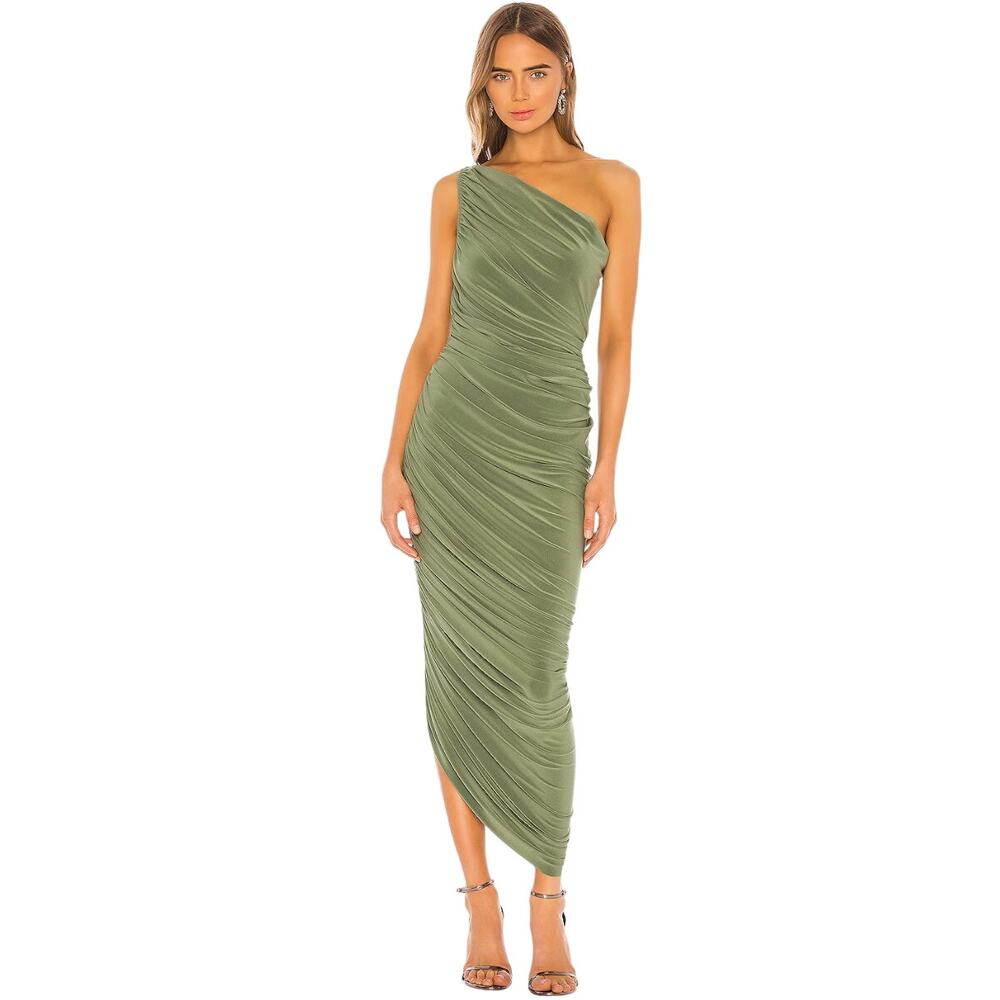 Norma Kamali Diana Gown Green Celadon Ruched One Shoulder Dress Size XS
